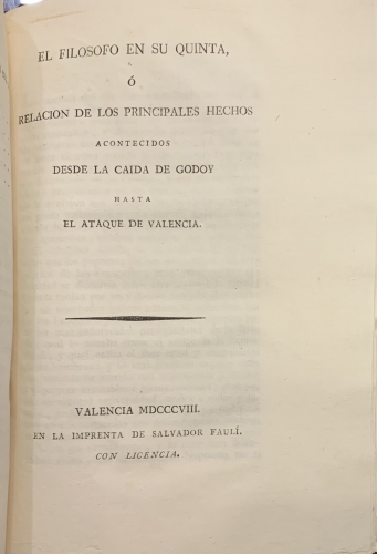 Portada de Sucesos de Valencia desde el dia 23 de Mayo hasta el 28 de junio de 1808. El Fil�sofo en su Quinta � relaci�n de los principales hechos acontecidos desde la Caida de Godoy hasta el ataque de Valencia - Vicente Martinez Colomer