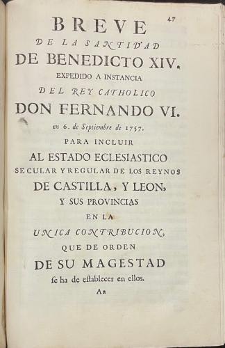 Portada de Reales Decretos de Su Magestad, para la Extincion de las Rentas Provinciales y otros Ramos de las Veinte y Dos Provincias de los Reynos de Castilla y Le�n y subrogacion de su importe en una sola contribuci�n. Instrucci�n y Reglas..Y Breve de Su Santidad