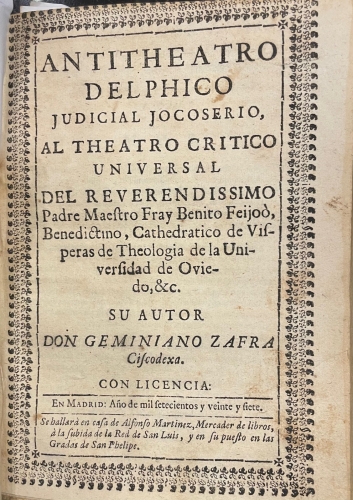 Portada de Recetas de Torres a�adidas a los remedios de cualquier fortuna y a las desdichas que consolaron Lucio Aneo Seneca, Don Francisco de Quevedo y Don Francisco Arias Carrilo/ Montante Christiano y Pol�tico, en pendencia musica-medica-diabolica/ Posdatas de Torres a Martinez, en la respuesta a Don Juan Barroso sobre la Carta Defensiva que escrivi� al Rmo. Padre Fray Benito Feijoo/ Antitheatro Delphico judicial jocosero al Theatro Critico Universal/ Entierro del Juicio Final y Vivificaci�n de la Astrologia/ Cartilla Rustica, Phisica Visible y Astrologia Innegable / Visiones y Visitas de Torres con D. Francisco de Quevedo por la Corte - Diego de Torres Villarroel. Geminiano Zafra Ciscodexa