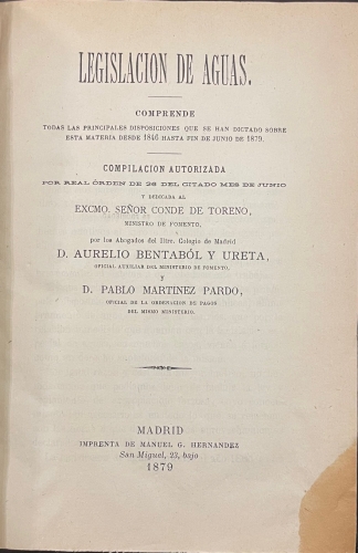 Portada de Legislaci�n De Aguas.  - Aurelio Bentab�l y Ureta y Pablo Martinez Pardo