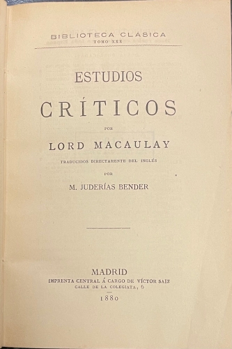 Portada de Estudios Cr�ticos - Lord MacAulay