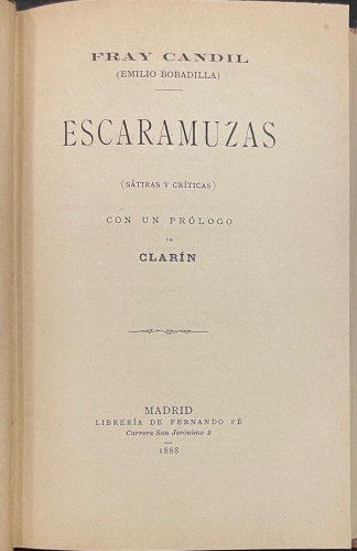 Portada de Escaramuzas. (S�tiras y Cr�ticas) - Fray Candil. Emilio Bobadilla