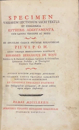 Portada de Specimen Variarum Lectionum Sacri Textus Et Chaldaica Estheris Additamenta cum latina versione ac notis - Johannes Bernardus De Rossi (Giovanni Bernardo de Rossi)