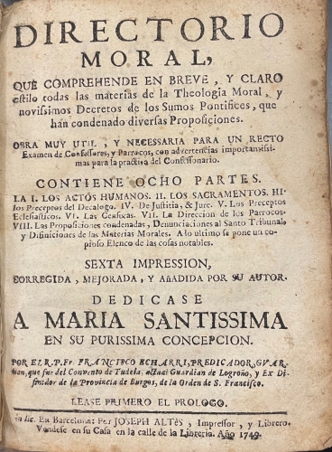 Portada de Directorio Moral que comprende en breve, y claro estilo todas las materias de la Theolog�a moral - Francisco Echarri