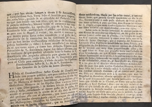 Portada de Fiesta particular que hicieron los gremios de esta Ciudad de Mallorca el dia doce de Octubre del A�o 1706, despu�s de las muchas que se celebraron n la deseada y feliz entrega, que se hizo de este Reyno al Cath�lico y Augusto Monarca de las Espa�as, Carlo III. Al Excelent�simo Sr. D. Juan Antonio de Pax de Orcau,Olim de Boxad�s y de Pin�s Conde de Zavell�, Bar�n de Vallmoll y de Orcau, plenipotenciario de Carlos III y su ayudante general.