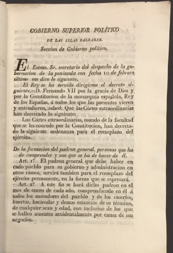 Portada de Ordenanza para el Reemplazo del Ej�rcito decretada por las Cortes Extraordinarias en 3 de Febrero de 1823