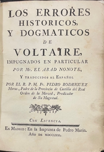 Portada de Los Errores Hist�ricos y Dogm�ticos de Voltaire - Claude Francois Nonnotte, (Abad Nonote )