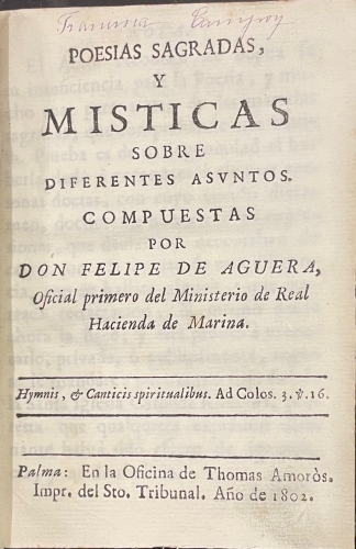 Portada de Poes�as Sagradas y M�sticas sobre diferentes asuntos - Felipe de Aguera