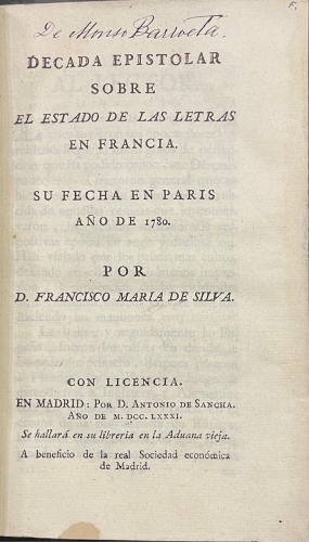 Portada de Decada Epistolar sobre el Estado de Las Letras en Francia. Su fecha en Par�s A�o de 1780 - Francisco Mar�a de Silva