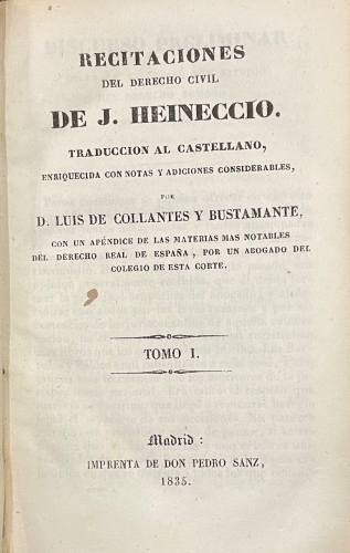Portada de Recitaciones del Derecho Civil - J. Heineccio
