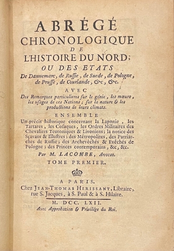 Portada de Abr�g� Chronologique de L' Histoire du Nord, ou des etats de Dannemarc, de Russie, de Suede, de Pologne, de Prusse, de Courlande.  - M. Lacombe