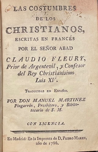 Portada de Las Costumbres de los Christianos - Claudio Fleury