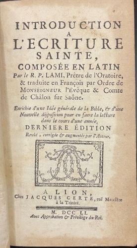Portada de Introduction a L'Ecriture Sainte - Lami