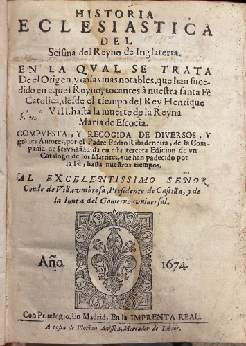 Portada de Historia Eclesi�stica del Cisma del Reyno de Inglaterra  - Pedro Ribadeneira
