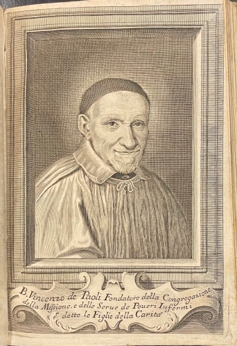 Portada de Ristretto Cronologico della Vita, Virt� e Miracoli del B. Vincenzo de Paoli Fondatore della Congregazione della Missione e delle Serve de' Poveri dette le Figlie della Carit�