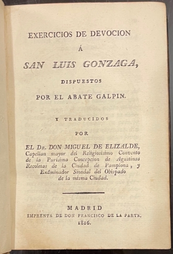 Portada de Exercicios de Devoci�n � San Luis Gonzaga - Abate Galpin