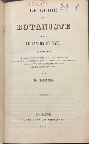 Portada de Le Guide du Botaniste dans Le Canton de Vaud - D. Rapin