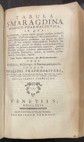 Portada de Pharmacopoeia Extemporanea sive Praescriptorum Chilias. Tabula Smaragdina Maedico-Pharmaceutica.Thesaurus Ludovicianus. Enchiridion Medicum Practicum - Thomam Fuller. Philippi Fraundorffer. Josephi Jacksonii
