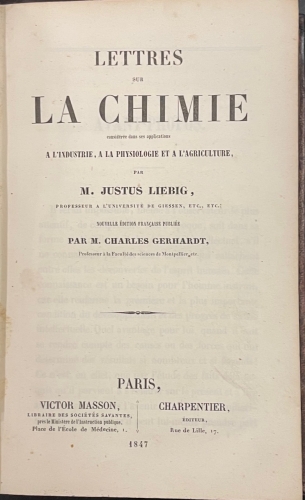 Portada de Lettres sur La Chimie consid�r�e dans ses applications a L'Industrie, a la Physiologie et a L'agriculture - M. Justus Liebig