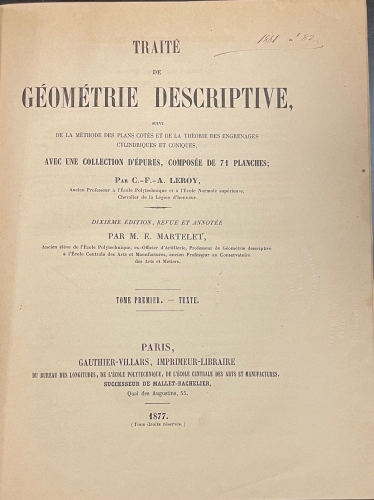 Portada de Trait� de G�om�trie Descriptive suivi de la M�thode des plans cot�s et de la th�orie des engrenages cylindriques et coniques avec une collection d'�pures, compos�e de 71 planches - C. F. A. Leroy