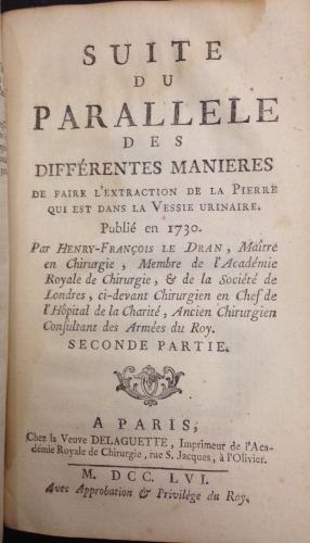 Portada de Parallele des Diff�rentes Manieres de Tirer la Pierre Hors de La Vessie - Henry-Fran�ois le Dran