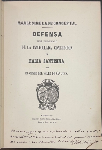 Portada de Maria Sine Labe Concepta. Defensa del Misterio de La Inmaculada Concepci�n de Maria Sant�sima - Conde del Valle de San Juan
