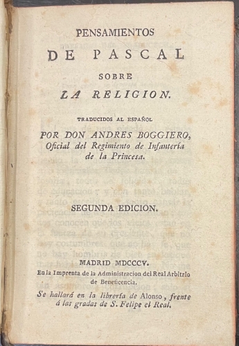 Portada de Pensamientos de Pascal sobre La Religi�n - Pascal