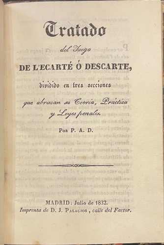 Portada de Tratado del Juego De L'Ecart� � Descarte. Juego del Tresillo � del Hombre - P.A.D