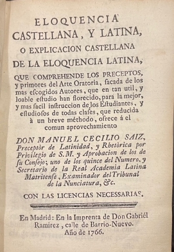 Portada de Elocuencia Castellana y Latina, o Explicaci�n Castellana de la Eloquencia Latina - Manuel Cecilio Saiz