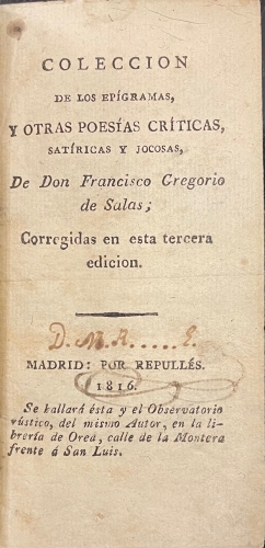 Portada de Colecci�n de los Epigramas, y otras Poes�as Cr�ticas, Sat�ricas y Jocosas - Francisco Gregorio de Salas