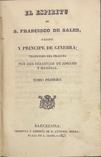 Portada de El Esp�ritu de San Francisco de Sales, Obispo y Principe de Ginebra