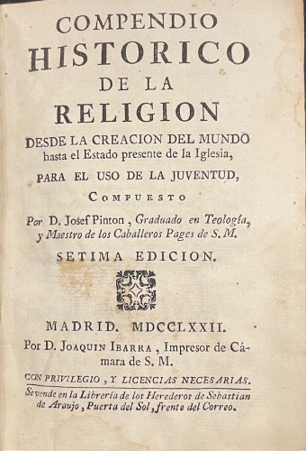 Portada de Compendio Historico De La Religi�n Desde la Creaci�n Del Mundo Hasta El Estado Presente De La Iglesia para el uso de la juventud - Josef Pinton