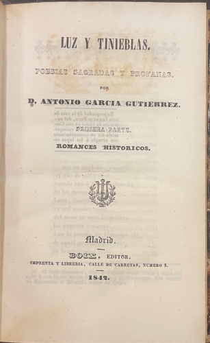 Portada de Luz y Tinieblas. Poes�as Sagradas y Profanas - Antonio Garc�a Gutierrez