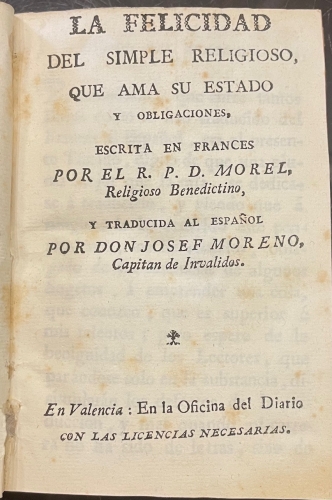 Portada de La Felicidad del Simple Religioso, que Ama su Estado y Obligaciones - Morel