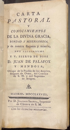 Portada de Carta Pastoral y Conocimientos de La Divina Gracia, Bondad y Misericordia, y de nuestra flaqueza y miseria. - Juan de Palafox y Mendoza