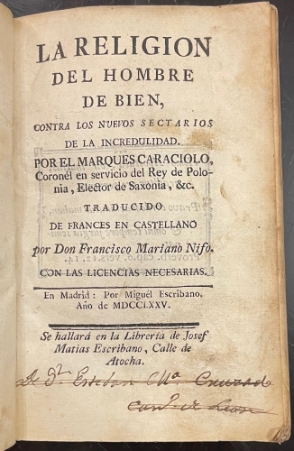 Portada de La Religi�n del Hombre de Bien, contra los nuevos sectarios de la Incredulidad - Marqu�s Caraciolo