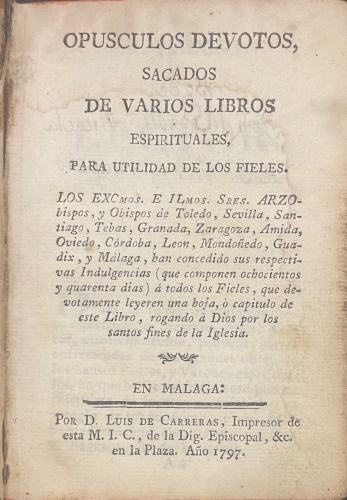 Portada de Op�sculos Devotos, sacados de varios libros espirituales, para utilidad de los fieles