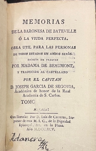 Portada de Memorias de la Baronesa de Bateville � La Viuda Perfecta. Obra util para las personas de todos estados en ambos sexos - Madame de Beaumont