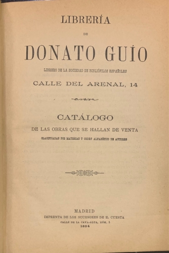 Portada de Librer�a de Donato Gu�o. Cat�logo de las obras que se hallan en venta. - Donato Gu�o