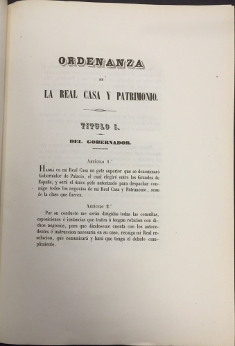 Portada de Ordenanza de la Real Casa y Patrimonio espedida en 23 de marzo de 1848