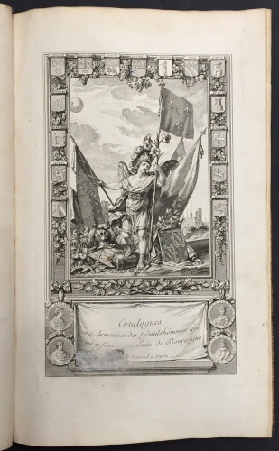 Portada de Catalogues et Armoiries des Gentilshommes qui ont assist� a la tenue des �tats G�n�raux du Duch� de Bourgogne depuis l'an MDXLVIII jusqu' � l'an MDLXXXII. Tir�s des registres de la chambre de la noblesse - Brosses de Tournay, Thesut de Verrey et Le Compasseur de Courtivron