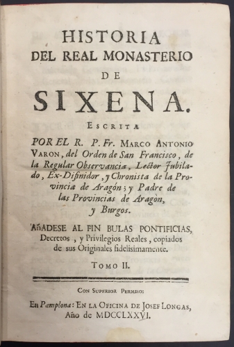 Portada de Historia del Real Monasterio de Sixena (Sigena) - Marco Antonio Varon