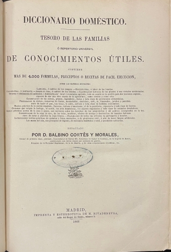 Portada de Diccionario Dom�stico. Tesoro de las Familias � repertorio universal de conocimientos �tiles.  - Balbino Cort�s Morales
