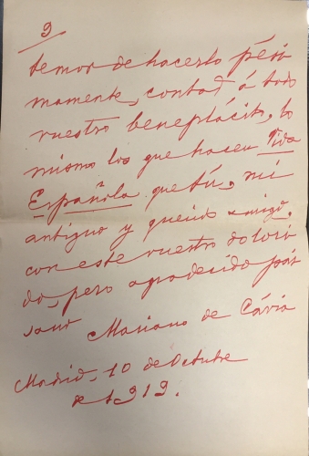 Portada de Carta Manuscrita de Mariano de Cavia a Ricardo Royo y Villanova