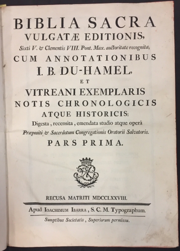 Portada de Biblia Sacra Vulgatae Editionis, Sixti V. & Clementis VIII. Pont. Max. auctoritate recognita - Jean Baptiste du Hamel