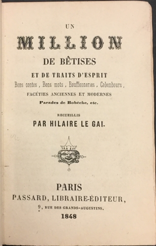 Portada de Un Million de B�tises et de Traits D' Esprit. Un Million de Bouffonneries ou le Blagorama Fran�ais. Un Million de Plaisanteries - Hilaire Le Gai. Commerson