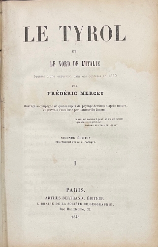 Portada de Le Tyrol et Le Nord De L'Italie. Journal D'une Excursion Dans Ces Contr�es En 1830 - Fr�d�ric Mercey
