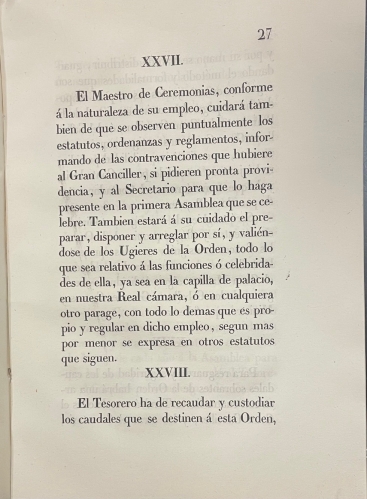 Portada de Constituciones de la Real y Distinguida Orden espa�ola de Carlos Tercero, instituida por el mismo augusto Rey a 19 de Setiembre de 1771 en celebridad del felicisimo nacimiento del Infante y Bula en que N.S. Padre Clemente XIV aprueba y confirma la real orden de Carlos III