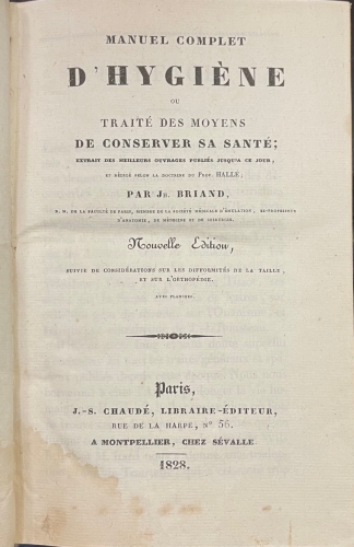 Portada de Manuel Complet d'Hygi�ne ou trait� des moyens de conserver sa sant� - Jh. Briand