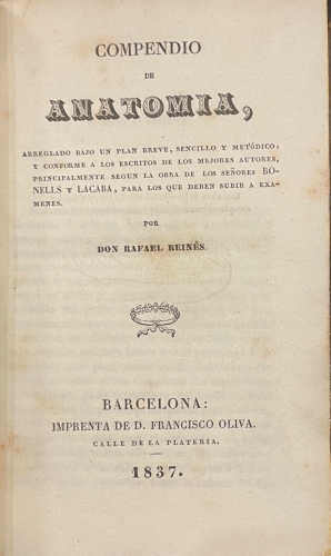 Portada de Compendio de Anatom�a.  - Rafael Rein�s